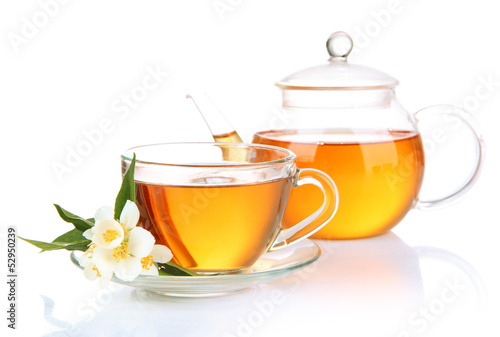 Photo: Cup of tea with jasmine, isolated on white Cup of tea with jasmine, isolated on white