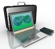 Illustration: silvery laptop, notepad and pen with black brief-case silvery laptop, notepad and pen with black brief-case