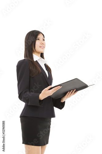 Photo: smiling businesswoman holding folder isolated on white smiling businesswoman holding folder isolated on white