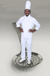 Photomontage of a cook standing in a strainer