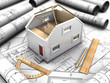 Illustration: Composition of the mockup of house and blueprints Composition of the mockup of house and blueprints