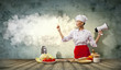 Asian female cook holding megaphone