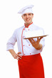 Cook holding an empty tray