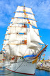 Sailing frigate under full sail in the dock.