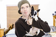Young man with his little boy dog