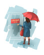woman stands near a closed shop.