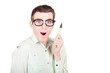 Photo: Nerd business man with pen. Write a smart message Nerd business man with pen. Write a smart message