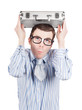 Photo: Man in fear holding suitcase. Business danger Man in fear holding suitcase. Business danger