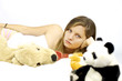 Sad woman surrounded by stuffed animals