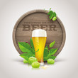 Vector: Wooden cask, beer glass, ripe hops and leaves Wooden cask, beer glass, ripe hops and leaves