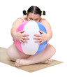 Funny obese woman with beach ball. Weight loss concept.