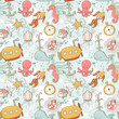 Underwater creatures cute cartoon seamless pattern