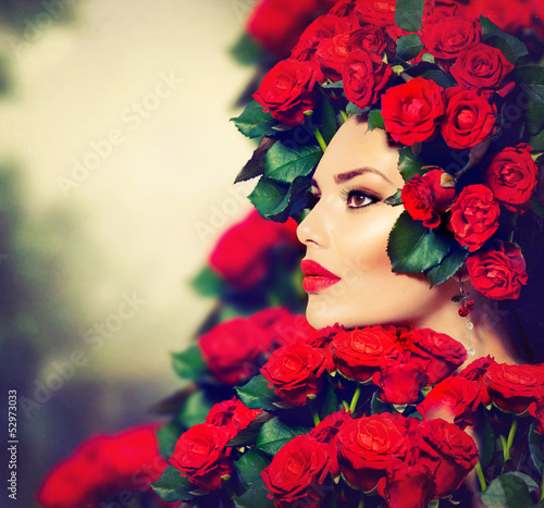Photo: Beauty Fashion Model Girl Portrait with Red Roses Hairstyle Beauty Fashion Model Girl Portrait with Red Roses Hairstyle