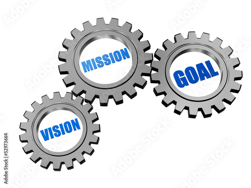Illustration: vision, mission, goal in silver grey gears vision, mission, goal in silver grey gears