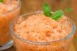 Photo: tomato sorbet with basil in a glass horizontal close-up tomato sorbet with basil in a glass horizontal close-up