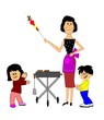 mother barbequeing with children