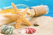 Bottle with message and shells. Vacation concept