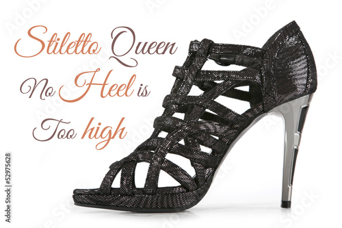 Photo: Sexy female stiletto shoe isolated on white with sample text Sexy female stiletto shoe isolated on white with sample text