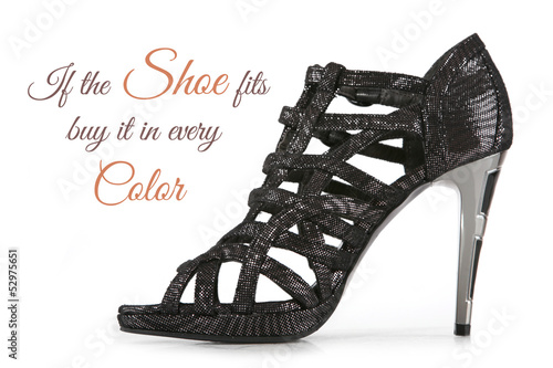 Photo: Sexy female stiletto shoe isolated on white with sample text Sexy female stiletto shoe isolated on white with sample text