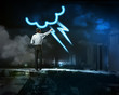 Photo: Businessman draws a glowing signs Businessman draws a glowing signs