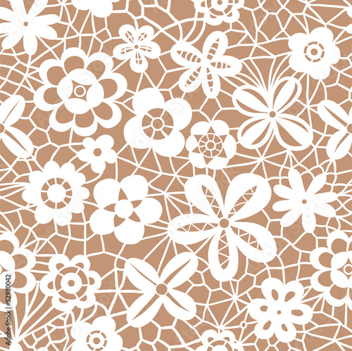 Vector: Lace white seamless pattern with flowers on beige background Lace white seamless pattern with flowers on beige background