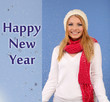 Young beautiful woman with snow on blue background