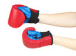 Small children boxing gloves on hands isolated on white