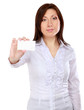 Businesswoman showing and handing a blank business card