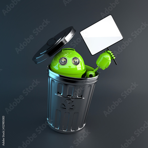 Illustration: Android inside trash bin. Electronic recycle concept Android inside trash bin. Electronic recycle concept
