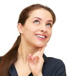 Happy thinking woman looking up isolated on white. Closeup portr