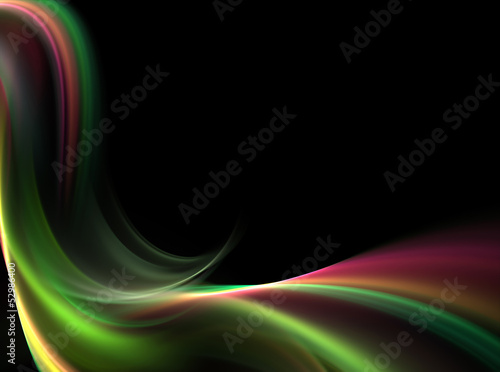 Illustration: Abstract gentle green and pink waves on black background Abstract gentle green and pink waves on black background
