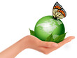 Vector: Green world with leaf and butterfly in woman hand. Vector illust Green world with leaf and butterfly in woman hand. Vector illust
