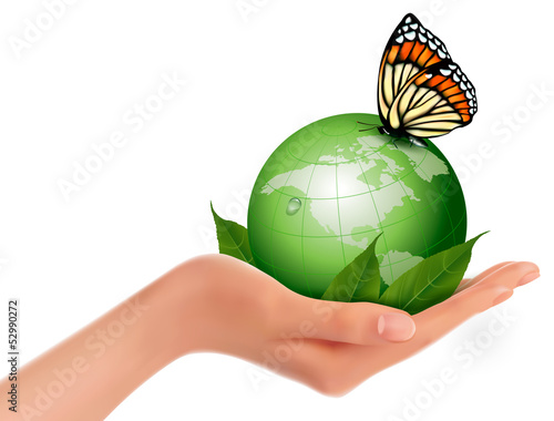 Vector: Green world with leaf and butterfly in woman hand. Vector illust Green world with leaf and butterfly in woman hand. Vector illust