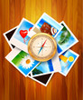 Travel photos and compass on wood background. Vector illustratio