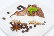 Tiramisu cake with bag of coffee beans