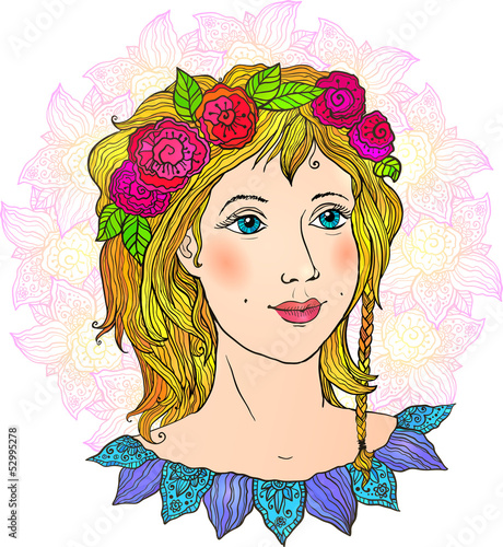 Vector: Pretty girl hand-drawn vector face in flowers Pretty girl hand-drawn vector face in flowers