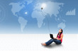 Asian female using laptop on world map