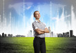 Business person with digital symbols
