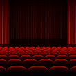 Theater interior with red curtains and seats
