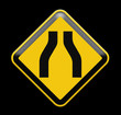 Road narrows traffic sign on white background with clipping path