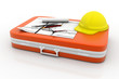 Bag with Yellow helmet and heap of project drawings
