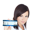 woman holding visit air ticket isolated over white