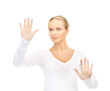 Photo: woman working with virtual screen woman working with virtual screen