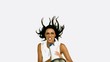 Angry businesswoman shouting on megaphone and jumping up