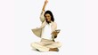 Woman cheering with her tablet on white background