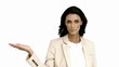 Businesswoman snapping her fingers and holding her hand out