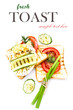 Breakfast  set of toast elements with bread, fried eggs, vegetab