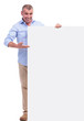 casual middle aged man presents board