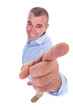 casual old man pointing towards camera