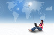 Asian female using laptop with lightbulb on world map background